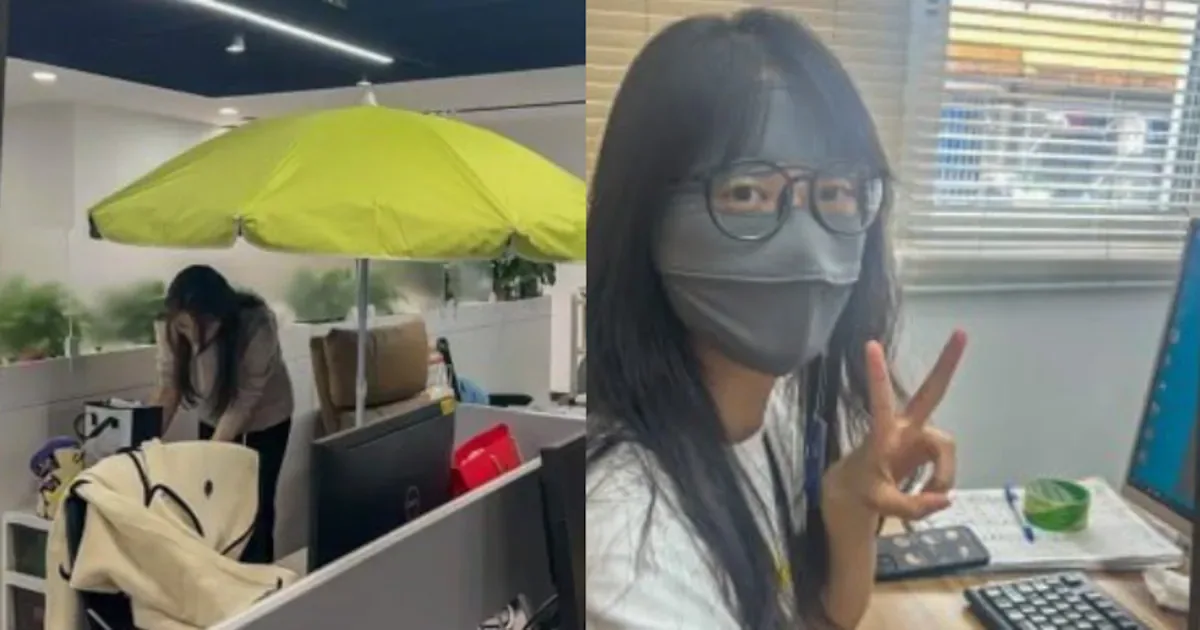 Trabalhadores chineses usam guarda-sóis para se proteger do envelhecimento no escritório