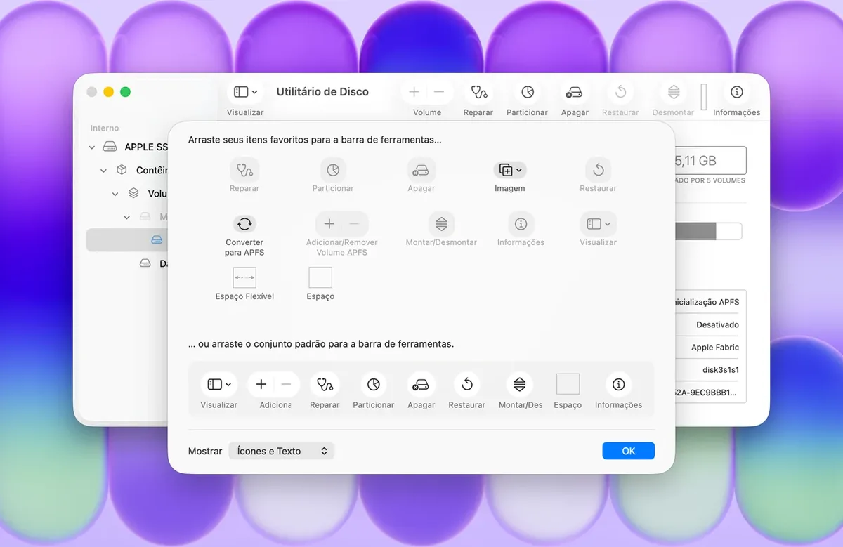Como ajustar os botões da barra do Utilitário de Disco no Mac