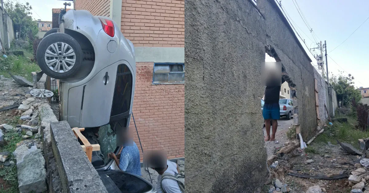 Inclinação de rua preocupa após colisão contra muro de escola em Vespasiano